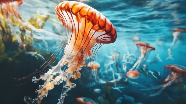 Mesmerizing Underwater Scene: A School of Jellyfish Drifting Through the Ocean Depths