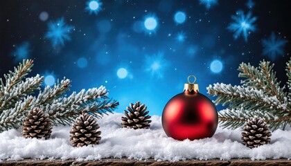 Festive Holiday Scene with Red Bauble and Pinecones on Snow