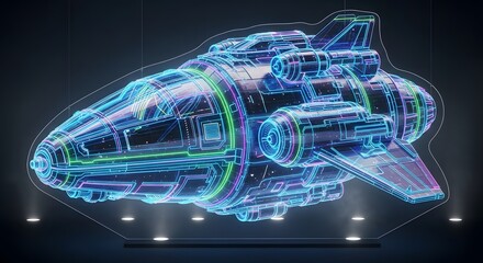 Illustration of holographic blueprint of a futuristic spaceship or starship rendered with glowing blue and green neon digital lines