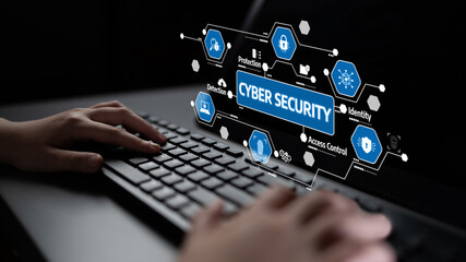 This image depicts a keyboard with hands typing, combined with cyber security icons, representing the importance of digital protection and data safety measures. Tessel