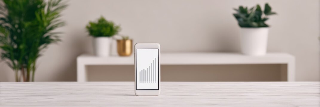 A smartphone displaying a growth chart sits on a table, surrounded by decorative plants in pots, suggesting a modern, organized workspace. - Powered by Adobe