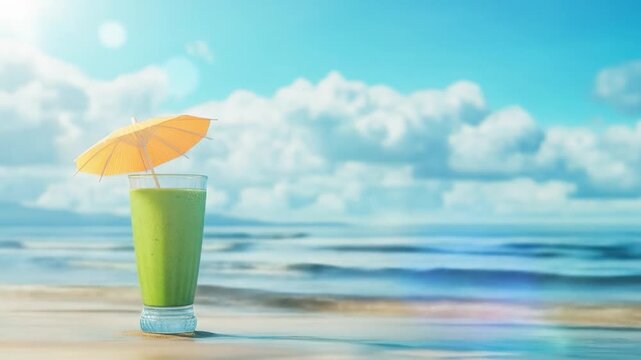 Refreshing green smoothie with umbrella on tropical beach, perfect for a healthy summer day