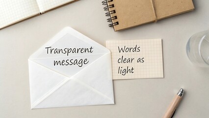 Simple envelope and note with messages about transparency and clarity on a neutral background for modern communication concepts