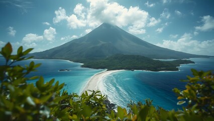 Majestic volcano backdrop overlooking the shimmering azure ocean with vibrant