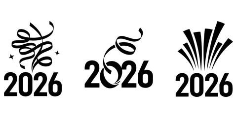 Obraz premium Three black and white 2026 new year designs with ribbons and fireworks on a white background image on transparent background silhouette