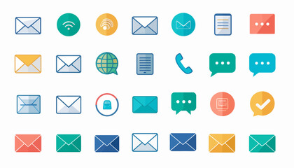 A collection of various communication and internet-related icons, including mail, chat, phone, and network symbols in a modern flat design.