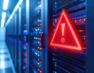 Server racks with red warning triangle