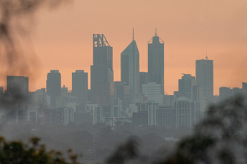 Perth cityscape at sunset viewed from the Perth Hills. Western Australia holiday in summer.