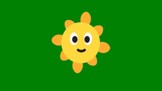 A yellow flower on green background and sun with it face green screen animated chromakey background elements scene cartoonish composition illustration motion movement frame backgrounds