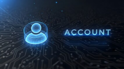 Digital account icon with glowing blue light on a dark circuit board background