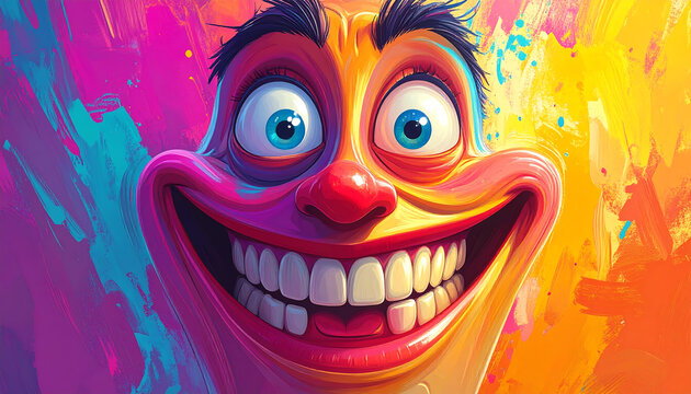 A colorful, crazy cartoon character with a huge, toothy grin, wide ecstatic eyes, and a red nose against a vibrant abstract background. - Powered by Adobe