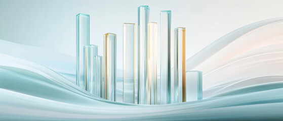 3D transparent glass bar chart showing growth and profit with golden accents on a soft blue wavy background
