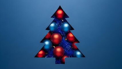 Christmas tree shape cutout revealing shiny red and blue holiday ornament baubles and tinsel against a solid deep blue background for festive celebration