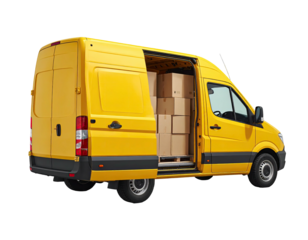 Yellow van with open door, loaded with cardboard boxes