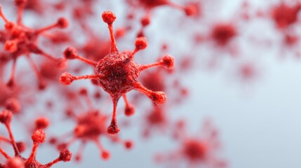 A close-up view of a virus structure, showcasing its unique shapes and vibrant red color against a soft background.