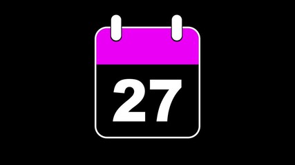 Abstract calendar icon - day no 27 animation. Simple technology calendar with date concept on black  background. 4K Video motion graphic animation. Event reminder symbol.