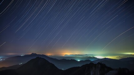 Long exposure night sky over silhouetted mountain ranges with city lights star trails