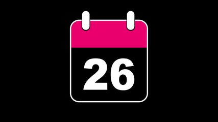 Abstract calendar icon - day no 26 animation. Simple technology calendar with date concept on black  background. 4K Video motion graphic animation. Event reminder symbol.