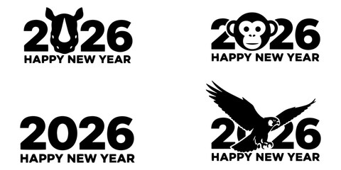 Illustrations showing happy new year greetings for the year two thousand twenty six with animals theme designs on transparent background silhouette