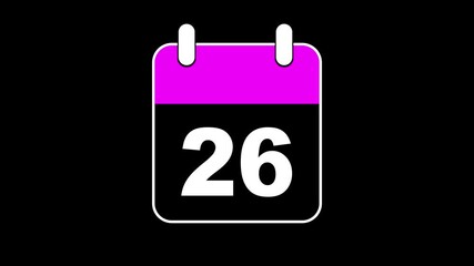 Abstract calendar icon - day no 26 animation. Simple technology calendar with date concept on black  background. 4K Video motion graphic animation. Event reminder symbol.
