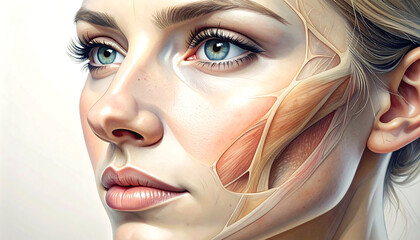 A detailed illustration of a woman's face with a cutaway view revealing the underlying anatomy of her facial muscles and nerves.