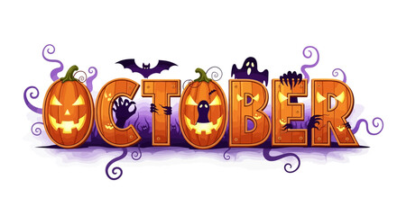 Cartoonish October Text with Halloween Elements and Swirls Decoration.