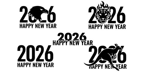 Obraz premium Illustrations of happy new year 2026 with eagle tiger kangaroo and simple text on a white background on transparent background silhouette