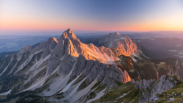 Majestic mountain peaks bathed in warm sunrise light with a pastel sky mountain range