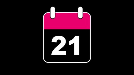 Abstract calendar icon - day no 21 animation. Simple technology calendar with date concept on black  background. 4K Video motion graphic animation. Event reminder symbol.