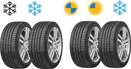 Realistic car tires vector set with winter snowflake and summer sun icons, seasonal tyre replacement concept for automotive service design © MstBeauti