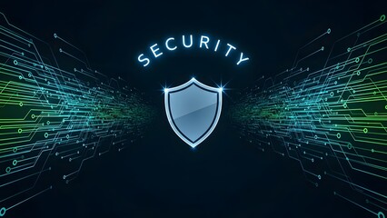 Digital security shield with abstract data stream background for cyber protection