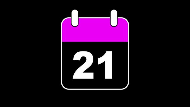 Abstract calendar icon - day no 21 animation. Simple technology calendar with date concept on black  background. 4K Video motion graphic animation. Event reminder symbol.
