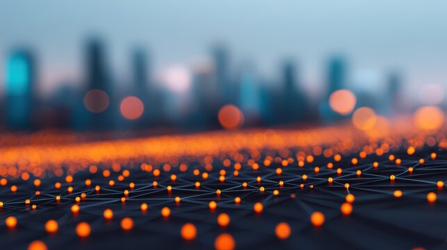 A vibrant cityscape with glowing orange dots and connected lines, suggesting a digital network or a futuristic urban environment.