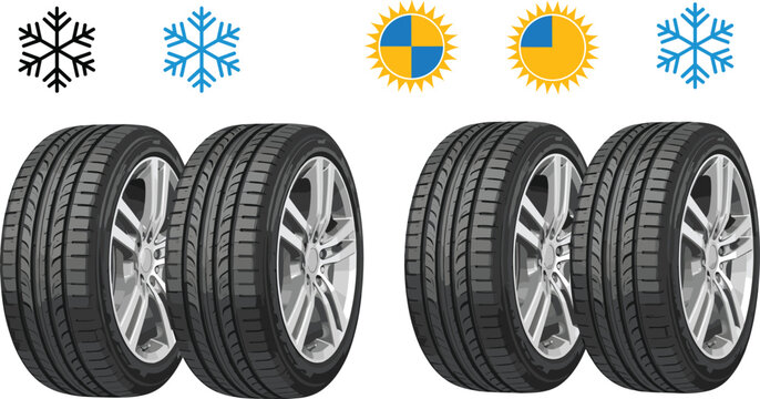 Realistic car tires vector set with winter snowflake and summer sun icons, seasonal tyre replacement concept for automotive service design
