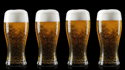 Four frosty pilsner glasses filled with golden beer and thick white foam heads against a stark black background