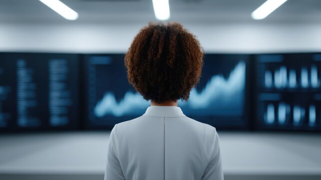 A professional woman studies data trends on large screens in a high-tech environment, emphasizing analytics and strategy.