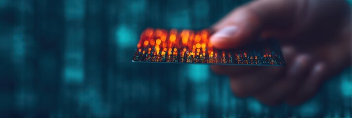 A hand holds a vibrant, glowing card against a blurred digital background, symbolizing technology and innovation.