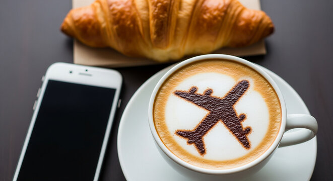 Coffee with airplane art, croissant, and smartphone on a table, travel concept