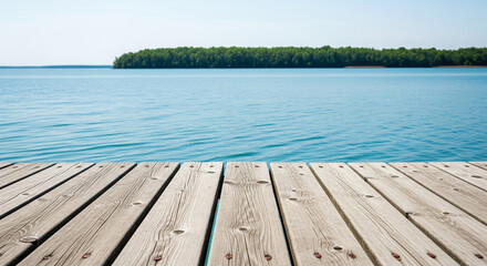 Wooden dock overlooking a serene lake with lush green trees on the horizon