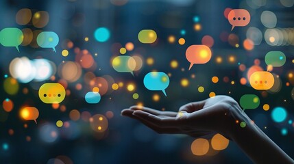 Connect and share your ideas with vibrant digital conversation bubbles floating around an open hand against a bokeh background