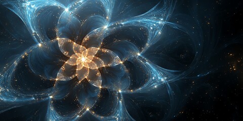 Abstract Blue and Gold Light Swirls with Sparkling Particles on Black Background