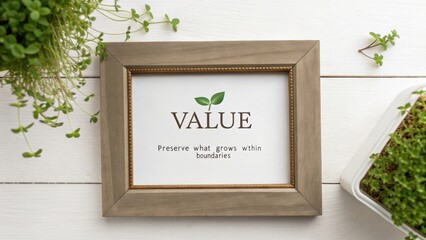 Inspirational quote framed on wooden table with green plants around, encouraging value of preserving growth within boundaries