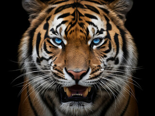 Fototapeta premium A fierce tiger emerging from darkness, emphasizing focus and predatory stance, Earth Day, Fierce Tiger Wildlife