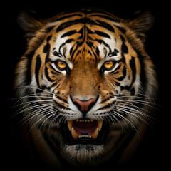 Naklejka premium A fierce tiger emerging from darkness, emphasizing focus and predatory stance, Earth Day, Fierce Tiger Wildlife