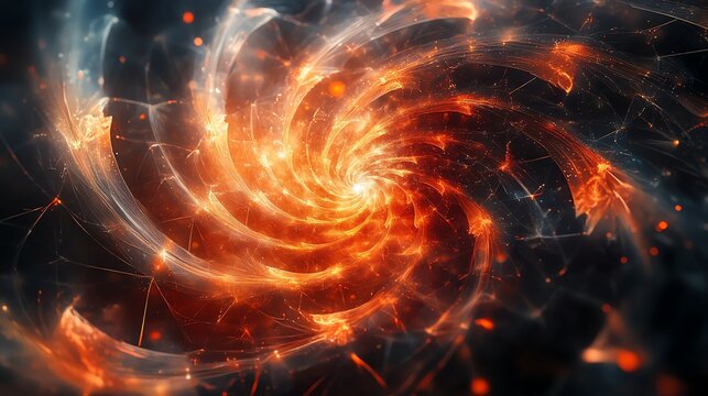 Abstract Fiery Spiral Galaxy with Bright Orange and Red Swirling Light Artistic Cosmic Pattern