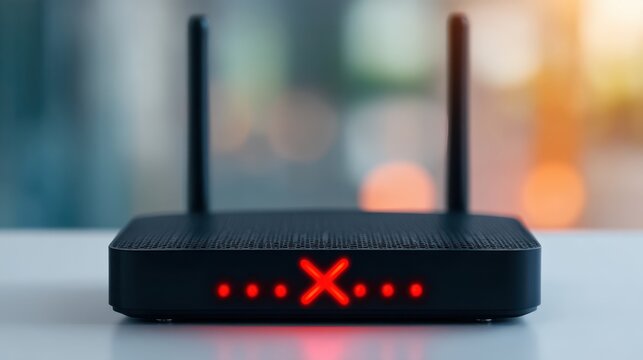 A sleek black router with red lights indicating connectivity issues, set against a softly blurred background.