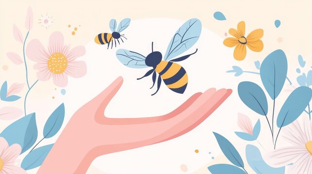 12.A fresh and uplifting vector design of a hand reaching upwards, with a honey bee flying freely towards the sky, surrounded by soft floral details, perfect for a World Bee Day-themed flyer or