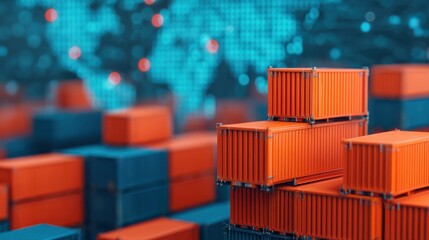 A vibrant scene featuring stacked shipping containers with a digital background, highlighting global trade and logistics.
