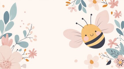 26.A clean, modern vector template for World Bee Day featuring a cute bee with wings spread wide, surrounded by flowers and soft, pastel hues, ready for use in event banners and promotional materials.