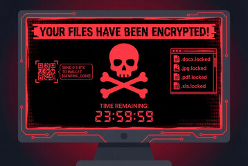 Cybersecurity Threat: A stark display of a computer screen, illuminating the grim reality of a digital attack, a warning about encrypted files and a menacing countdown timer. Cybersecurity infographic
